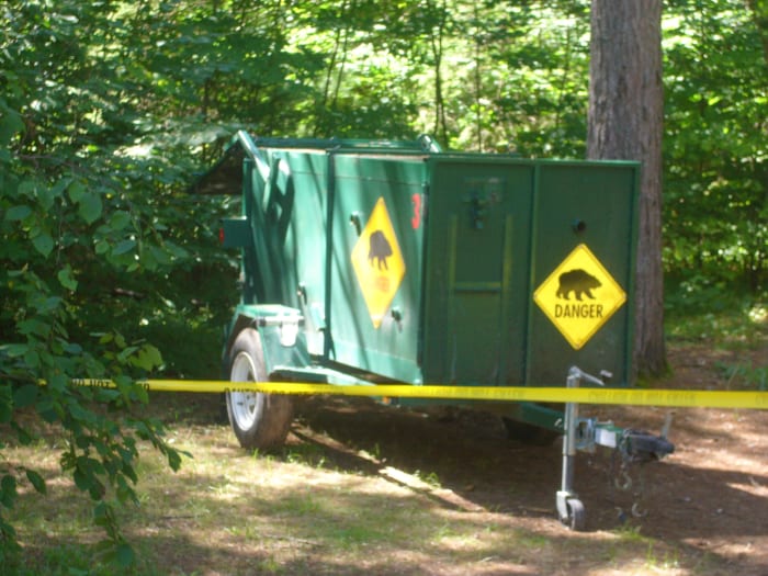 A black bear trap was set up in Pog Lake campground, August 2013. A black bear was spotted in the area by several campers.