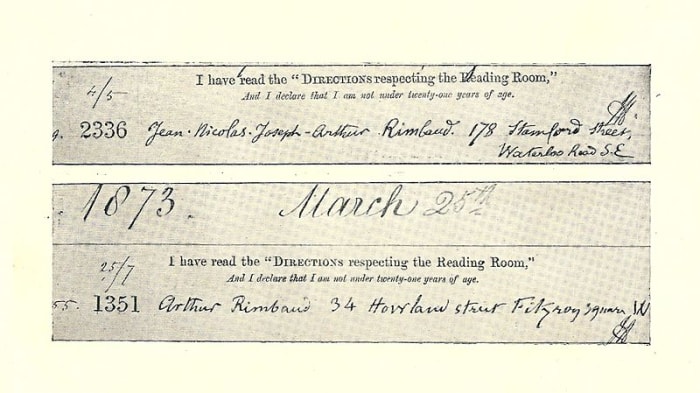 Rimbaud's name appears on these Library reading Room Rules in London 1872-73
