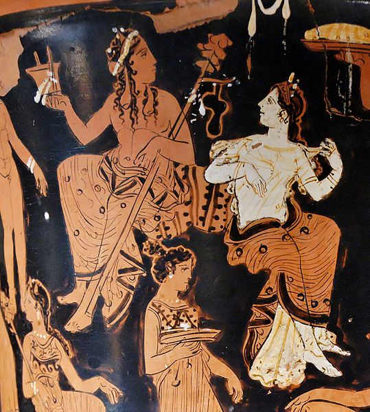 Greek red figure Kalix Crater showing Dionysus and Ariadne. 400-375 BCE