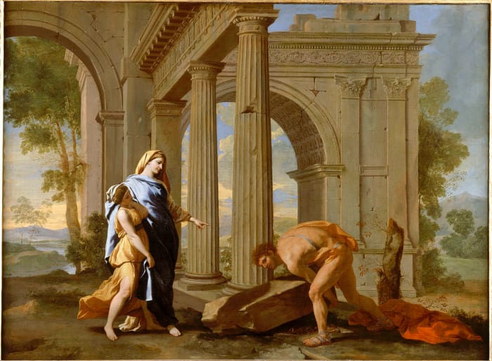 Thésée retrouve l'épée de son père, Nicolaus Poussin and Jean Lemaire, oil painting, 1638.