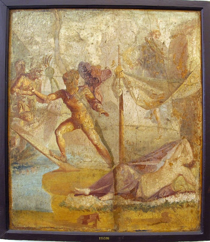 Pompeian fresco of Theseus stealing aboard ship, leaving Ariadne sleeping.
