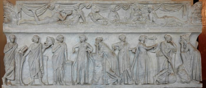 A marble sarcophagus called the "Muses Sarcophagus," represents the nine Muses and their attributes.