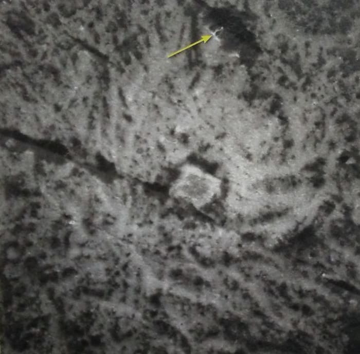 Vinalia Facula, on the eastern portion of Occator Crater, with the yellow arrow pointing out possible liquid flow.