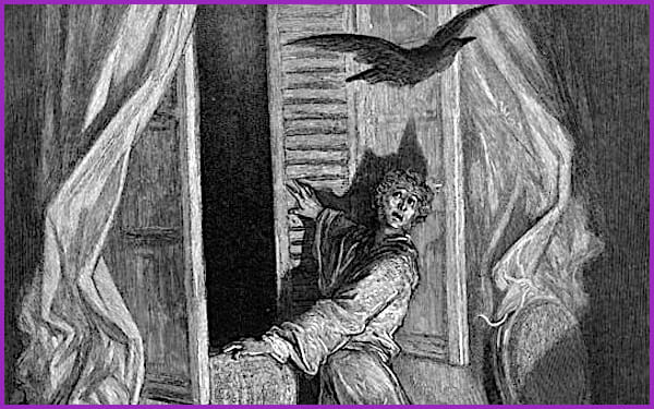 Perhaps Edgar Allan Poe's most famous poem is "The Raven," where a grieving man is visited by a talking raven as he is descending into madness.