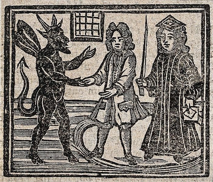 Witchcraft: the devil talking to a gentleman and a judge in a circle. Woodcut, 1720. Iconographic Collections