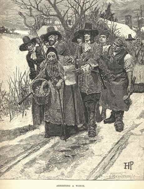 A generic scene that shows a woman being arrested for witchcraft, depicted conventionally as an old hag by the famous illustrator Howard Pyle. Harpers New Monthly Magazine, Vol. 67, (June - November), 1883: 221.