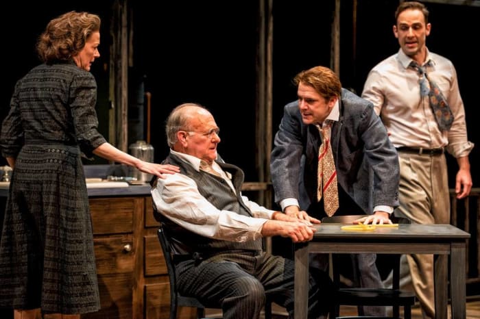 A photograph from the play The Death of a Salesman illustrating the dysfunctional Loman family and the tension within the main characters. The inability to reconcile the corrupt relationship catalyses the fatal and tragic ending of the play.