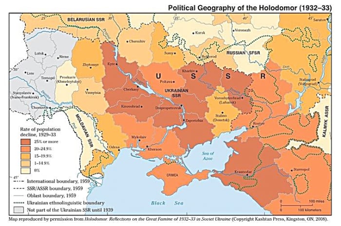 Geographical representation of areas most affected by famine. Notice the famine's severity across the Ukraine.