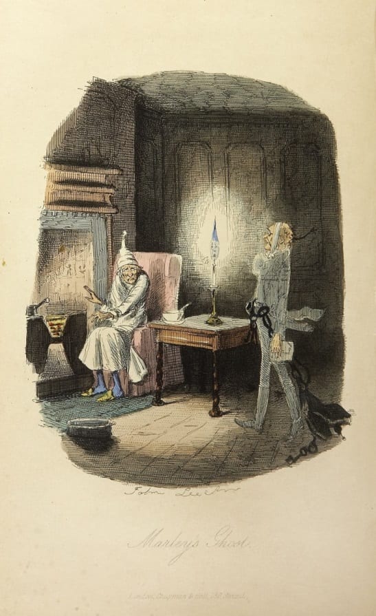 The Spirit Jacob Marley appears to scrooge with a chain behind him. Marley warns Scrooge that he will be doomed to a similar fate.