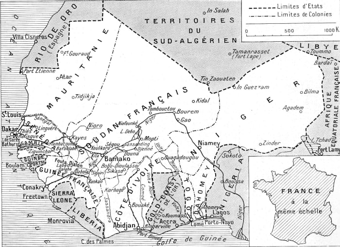 French West Africa : note that Togo was not formally part of French West Africa, but instead a League of Nations Mandate. Why we have 9 different nations from it instead of a single state is covered and discussed in the book.