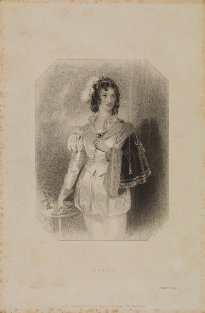 Viola in Shakespeare's Twelfth night. Stipple engraving by W.H. Mote, 1836, after Meadows after W. Shakespeare.