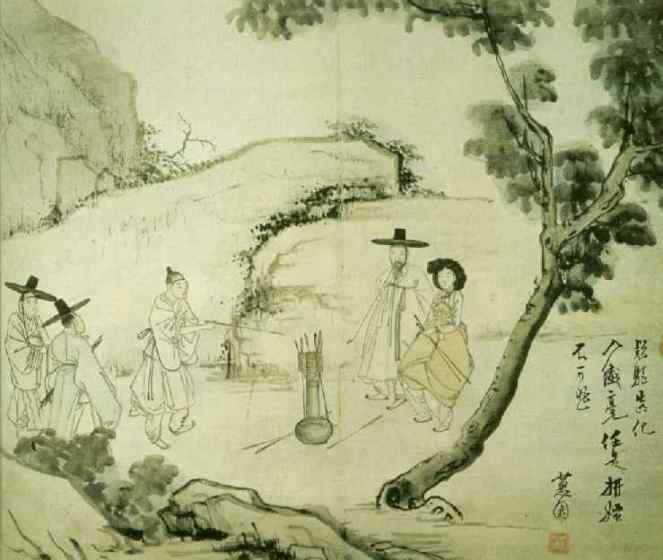 “Playing a tuho game under the forest” from Hyewon pungsokdo by 19th-century Korean painter, Hyewon.