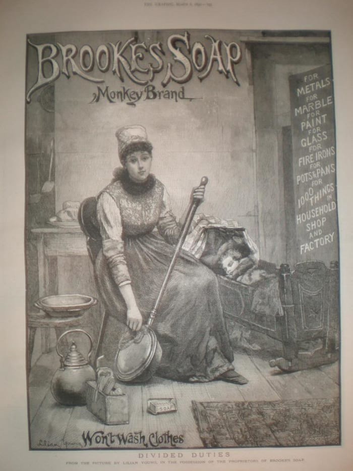 Advertisements for cleaning products highlighted all the jobs a good housewife was supposed to do such as cleaning all aspects of the home (floors, glass, etc.) and cleaning kitchen products such as countertops and pots & pans
