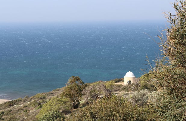 This is a view of the Mediterranean Sea as seen from Stella Maris Monastery, located on Mt. Carmel, Israel. Below is a small chapel dedicated to the Sacred Heart.