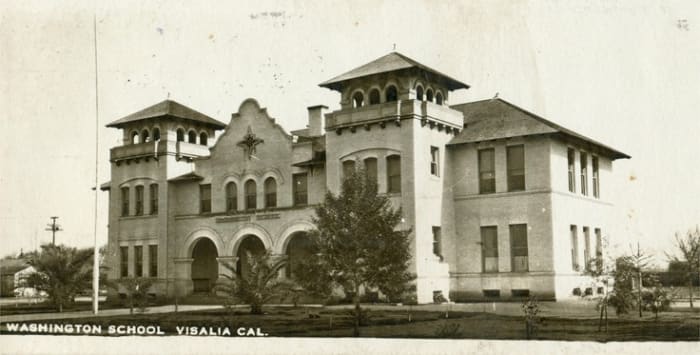 The Washington School in Visalia, California. This may have been the "church on the hill" Wells was talking about in her memoir.
