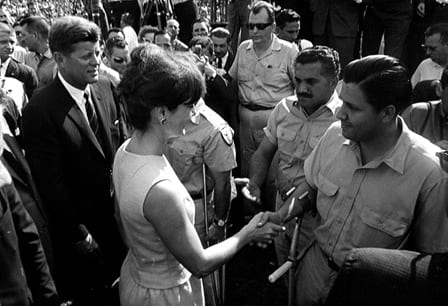 President John F. Kennedy and Jacqueline Kennedy greet members of the 2506 Cuban Invasion Brigade. Miami, Florida, Orange Bowl Stadium on December 29, 1962.