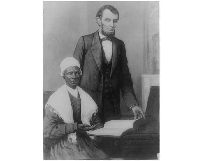 "A. Lincoln showing Sojourner Truth the Bible presented by colored people of Baltimore, Executive Mansion, Washington, D.C., Oct. 29, 1864"