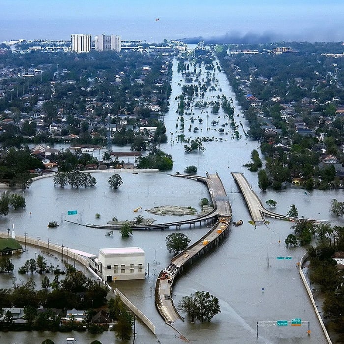 Hurricane Katrina caused massive floods in New Orleans and elsewhere in 2005. Note the drowned freeways and cars stuck on the segments remaining. Floods are also caused by rainstorms, massive snow melts, dam breaks, and clogged pipes.