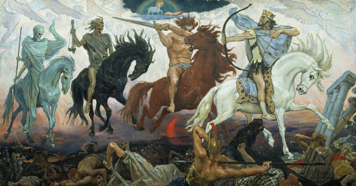 The Four Horsemen of the Apocalypse are described in the last book of the New Testament of the Bible, called the Book of Revelation of Jesus Christ to John of Patmos, at 6:1-8. The chapter tells of a book or scroll in God's right hand that is sealed