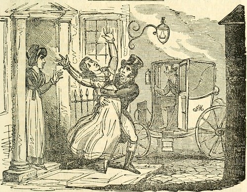 An illustration from the Calendar shows one Samuel Dick abducting Elizabeth Crockatt a crime for which he was executed.