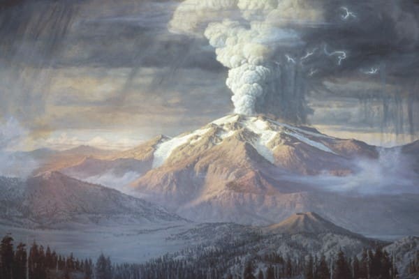 Artist depiction of Mount Mazama of Crater Lake erupting around 6,000 years ago. The biggest eruption, here occurred 10,000 years ago and has been rated as a level 7 eruption, just shy of being considered a supervolcano.
