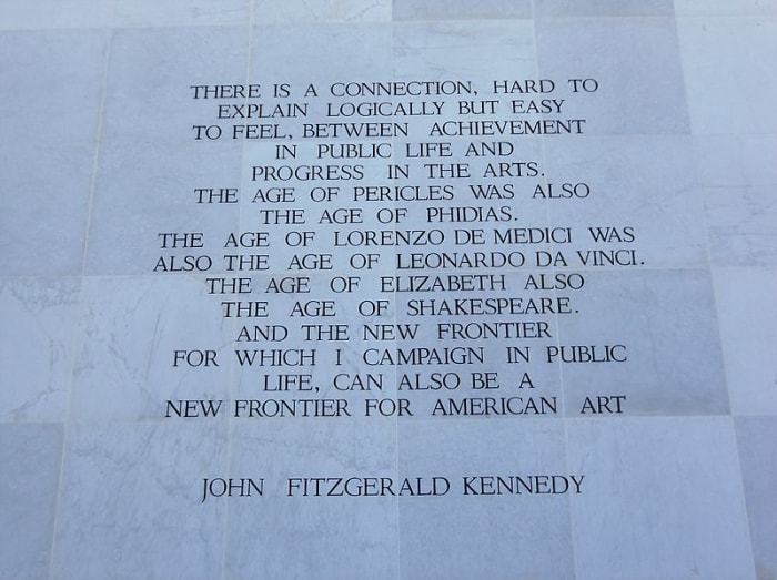 A quote in stone at the John F. Kennedy Center for the Performing Arts.