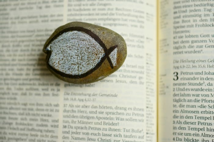 Il simbolo del pesce su una roccia.