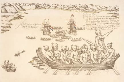 From "Murderer's Bay" (Golden Bay) when Abel Tasman's ships landed in 1642. Meeting the Maori. (public domain)