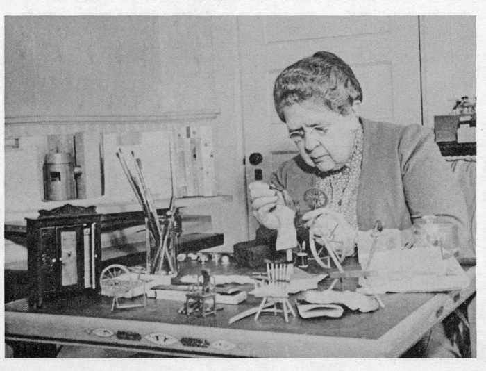 Frances Glessner Lee building a scenario in the Nutshell Collection. Source: Glessner House Museum; Chicago, Illinois. (Public domain as per http://www.nlm.nih.gov/visibleproofs/galleries/biographies/lee.html)