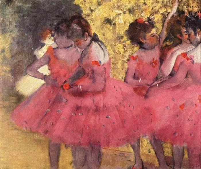 Dancers in Pink between scenes, 1884 by Edgar Degas. This painting hangs in the Ny Carlsberg Glypotek in Copenhagen. Image courtesy of Wiki Commons