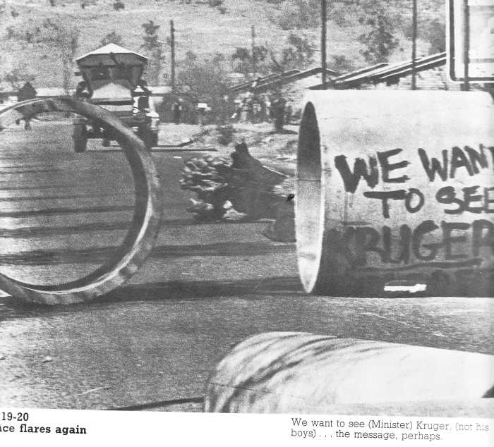 Blockades erected by students in their running war with the police and riot police who were by now ing military vehicles like the 'Hippo' seen in th background