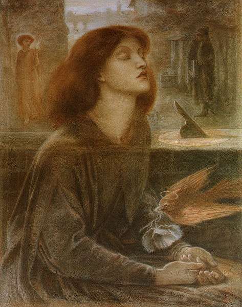 Beata Beatrix by Dante Gabriel Rossetti, 1864-70. Presently in the Tate Gallery, London. Image courtesy of Wiki Commons.