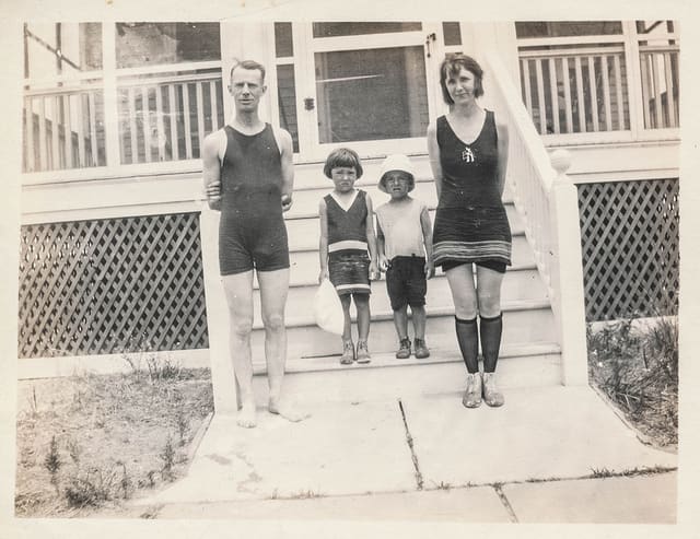 Old time photo of old time swimwear. It's a wonder people did not drown from the waterlogged weight of these garments