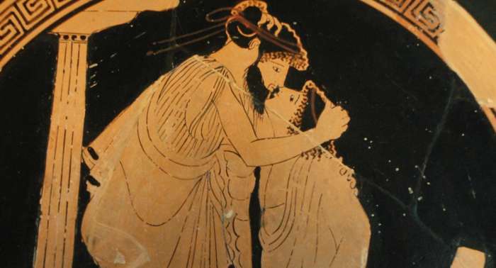 Ancient Greek pottery, depicting the emotion and touch associated with deep affection.