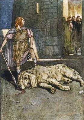 Scene from the story of how C Chulain got his name - because he accidentally slew the hound of Cullen he offered to take the guard dogs place. Ever after he was known as Cu Chulain, the hound of Cullen.