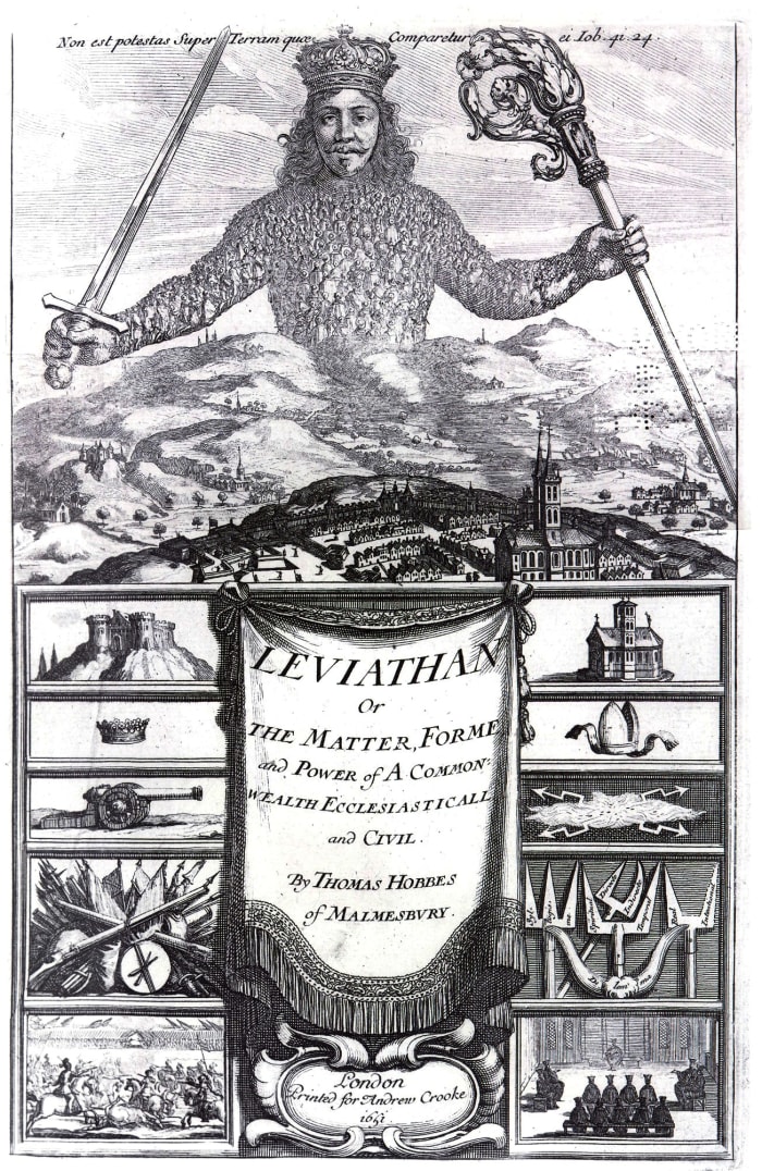 The cover of Thomas Hobbes book "Leviathan" (1651). The close up of the book cover reveals that the links in the armor of the prince are little people, symbolizing that the sovereign is based on the people.