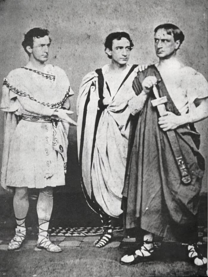 John Wilkes Booth, Edwin Booth, and Junius Brutus Booth, Jr., in Shakespeare's Julius Caesar, 1864.