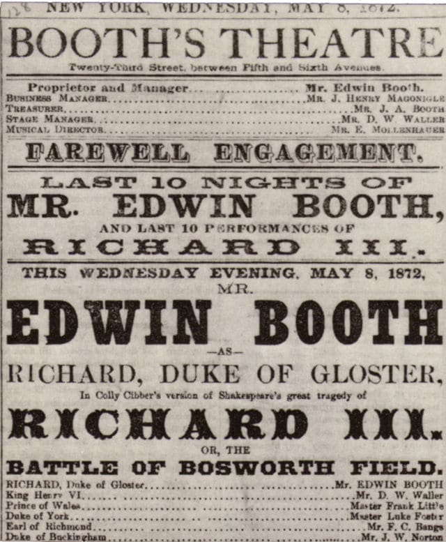 Playbill advertising Edwin Booth in Shakespeare's Richard III at Booth's Theatre, New York City, 1872.