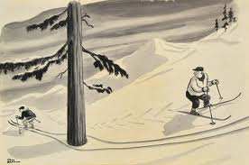 "Downhill Skier" from 1940 launched Addams' 48 yr. career as a full-time contributor with New Yorker Magazine.