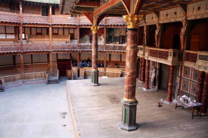 Shakespeare's Globe, a reproduction of the Globe Theatre in London, where Hamlet was first performed.