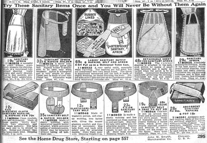 Sanitary aprons, aprons made of waterproof material worn under women's dresses to protect them from stains (as from menstrual blood), seem to have been a hot item in the first half of the 20th-century in America