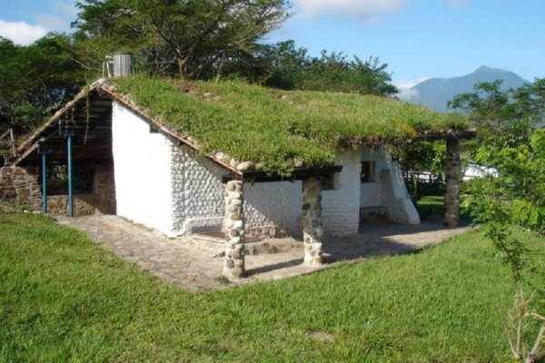 A bottle house with a living roof. How do you get the lawnmower up there?