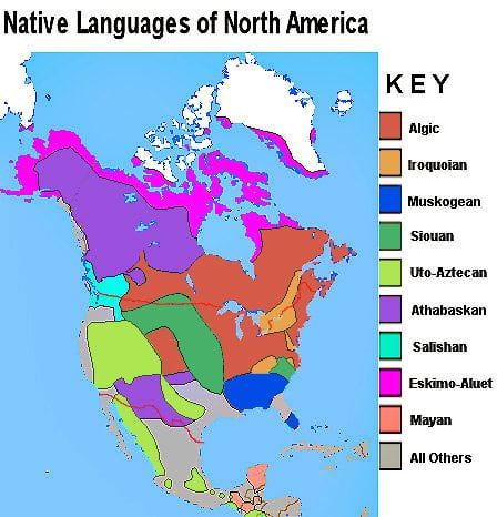 Major native language groups of America include the Algonquians (a subfamily of Algic), the Iroquoians and the Siouans, and others which all feature prominently in the naming of the 50 American states