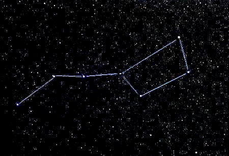 A grouping of seven bright stars variously known as The Plough, The Big Dipper, or The Saucepan, part of the Constellation of Ursa Major - one of the most famous of all constellations. Here they are joined by lines to delineate the pattern
