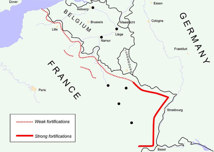 The Maginot Line (solid red) protected only the French border with Germany.
