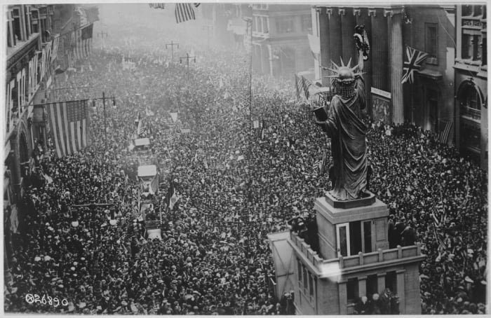 WW1: The announcing of the armistice on November 11, 1918, was the occasion for a monster celebration in Philadelphia, Pennsylvania. Thousands massed on all sides of the replica of the Statue of Liberty on Broad Street, and cheered unceasingly.