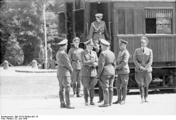 The Germans in 1940 after the French surrendered in the same railroad carriage. Pictured are Adolf Hitler, Hermann Goering, Joachim von Ribbentrop, Rudolf Hess, Heinrich Himmler, Eric Raeder.