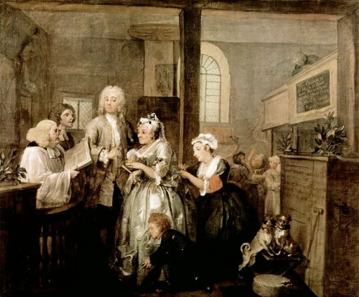 A Rake's Progress by William Hogarth. Desperate to escape the debt he incurred out of gambling, Tom Rakewell marries an one-eyed old woman for her money. His mother-in-law in the background tries desperately to break into the ceremony.