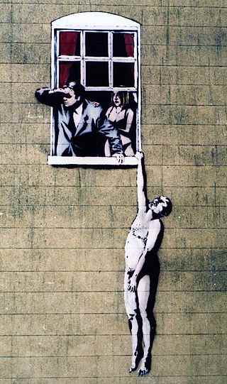 Banksy's image of a naked man on the wall of a sexual health clinic in Park Street, Bristol. The image was controversial, but following public support, the City Council decided not to remove it. Some other Banksy works have not been so lucky.
