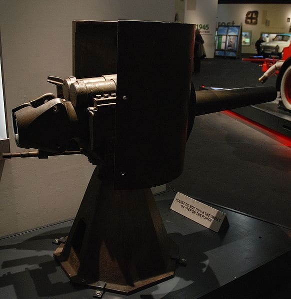Nordenfelt 57-mm gun from German A7V tank from WW1. At Imperial War Museum North, Manchester, England.